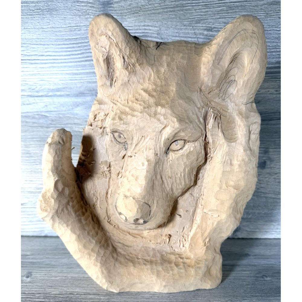 Hand Carved Basswood Wood OOAK Wolf Figure Unpainted Unfinished 10.5" Wooden